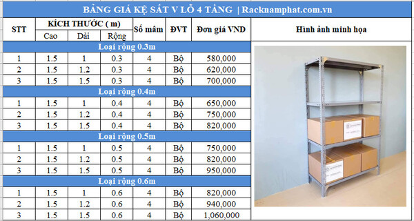Báo giá kệ sắt 4 tầng tại Rack Nam Phát mới nhất 2023